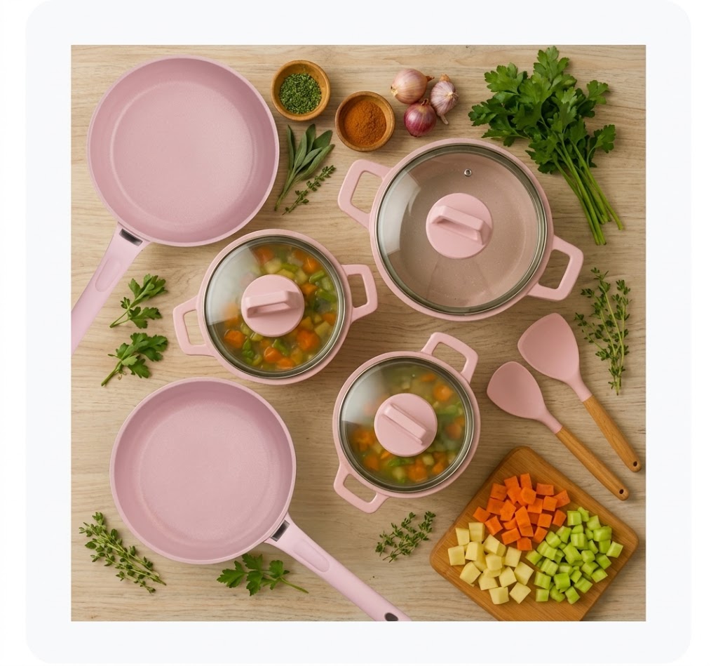 Juego de Batería de Cocina Antiadherente de Cerámica 10 Piezas (Rosa Pastel) – Ollas, Cacerolas, Sartenes y Plancha Grill con Tapas de Cristal