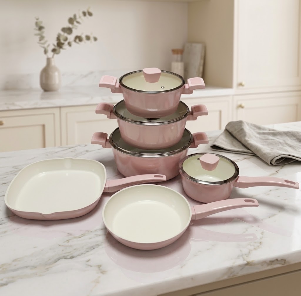 Juego de Batería de Cocina Antiadherente de Cerámica 10 Piezas (Rosa Pastel) – Ollas, Cacerolas, Sartenes y Plancha Grill con Tapas de Cristal