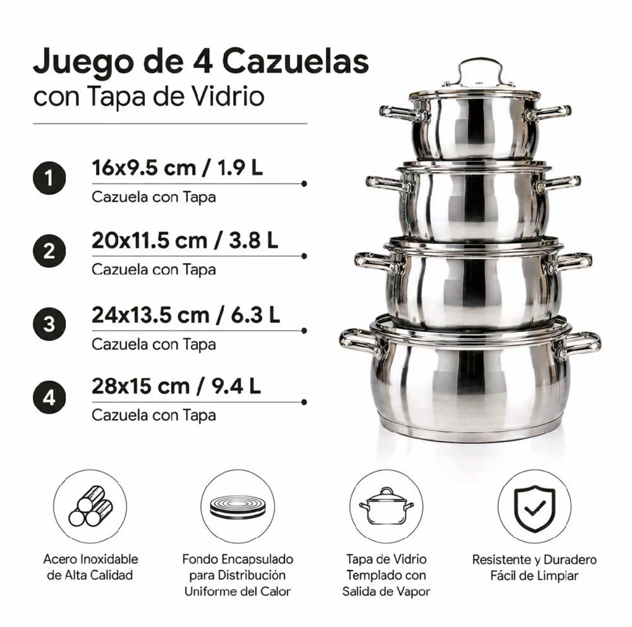 Set de ollas de acero inoxidable